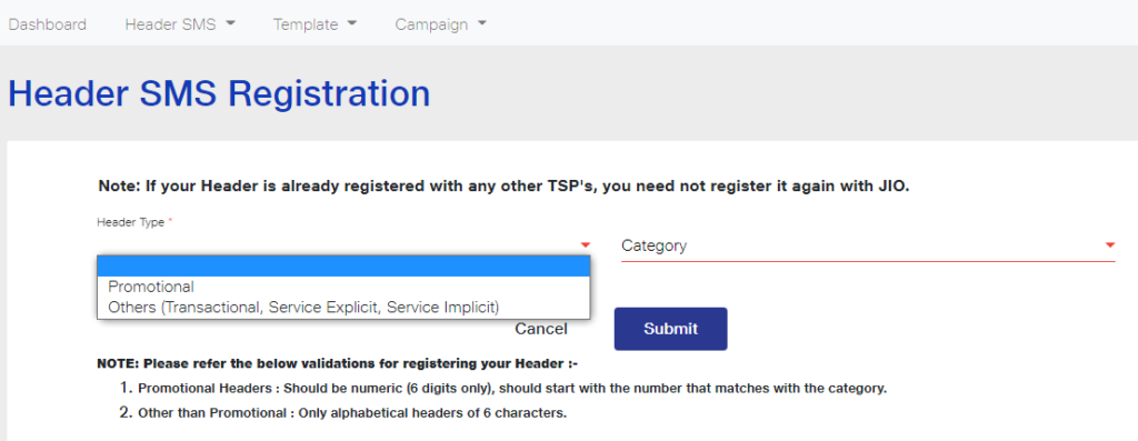 Jio Header SMS type